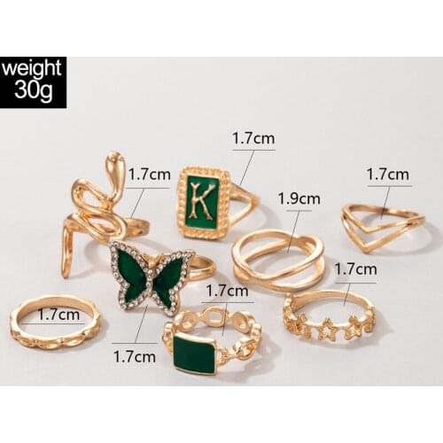 HuangTang Charming Green Crystal Stone Butterfly Rings for Women Gold Color Snake Cross Star Joint Rings Jewelry Anillo 19605