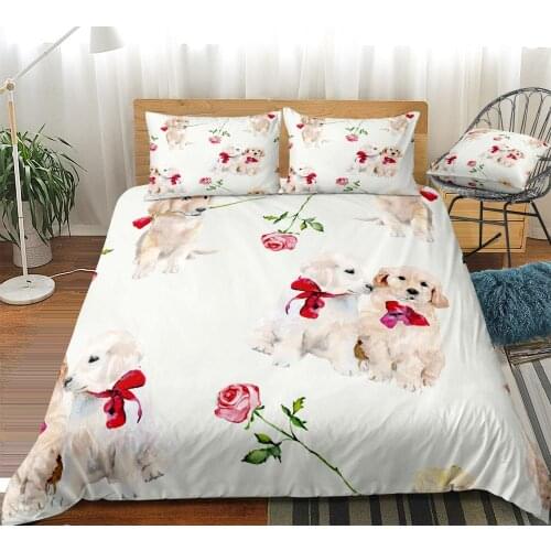 Puppy Dogs Bedding Set Cartoon Duvet Cover Set Rose Flowers Pattern Bed Linen Kids Boy Girls Home Textile Pet Themed Bedding Set