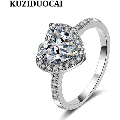 Kuziduocai 2018 New ! Fashion Fine Jewelry Dazzling Zircon Stainless Steel Love Heart Shape Wedding Bride Rings For Women R-391