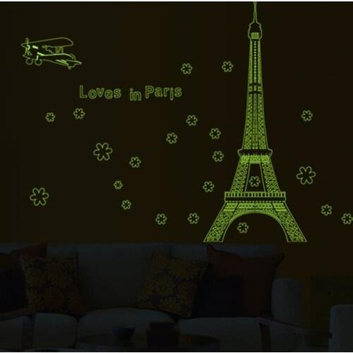 Love in Paris Night eiffel tower plane flower beautiful home decoration luminous wall stickers bedroom decal glow sticker mural
