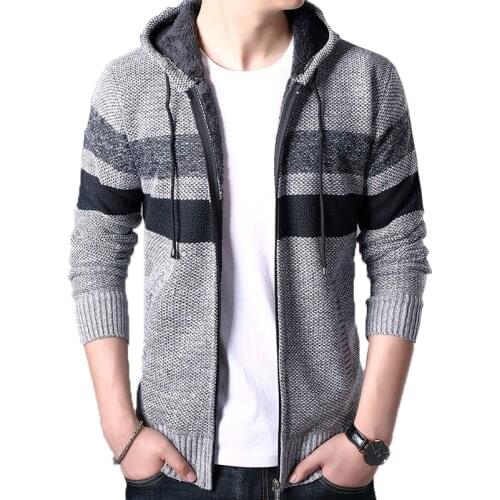 2020 Autumn Men Fleece Cardigan Sweater Jumper Mens Winter Fashion Striped Knit Outwear Coat Sweater Male Hooded Sweatercoat 3XL