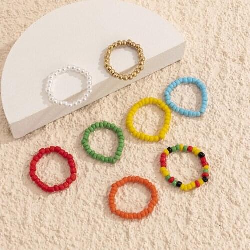 8Pcs/set Boho Handmade Woven Beaded Ring Set Elastic Rainbow Color Rings for Women Summer Beach Holiday Friendship Jewelry Gifts