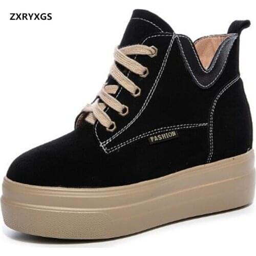 New Frosted Cowhide Platform Shoes Autumn Ankle Boots Increased Within High Heels Casual Sneakers Women Winter Shoes Size 31-42