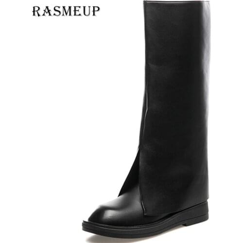 RASMEUP Fashion Women Black Block High Heels Long Boots New Winter Warm Breathable Knee High Soft Leather Thigh High Boots Shoes