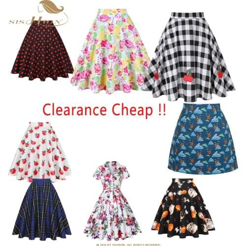Clearance Cheap Retro Vintage Cotton Black Skirt VD0020 Floral Print Polka Dot Women Summer Skirt