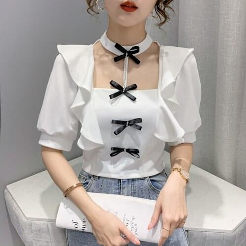 Sexy short blouse women french style halter square collar short sleeve tops female white crop top diamonds bow chiffon shirts