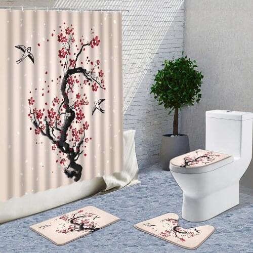 Chinese Style Peach Blossom Shower Curtain Fabric Set 3D Ink And Wash Plant Flowers Print Bathroom Set With Carpets And Curtain