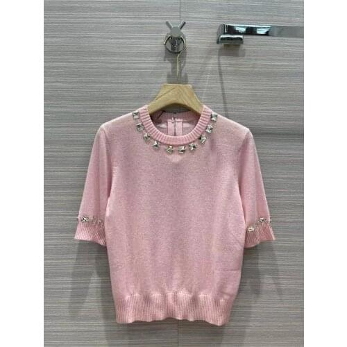 Runway New Short Sleeve Solid Knit Blouse Women Diamonds Collar Knit Pullover 2021 Designer Vintage Blouse