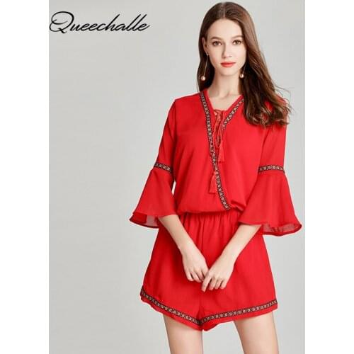 Queechalle Tassel lace up V neck women playsuits Vintage folk-custom flare sleeve loose jumpsuit female beach boho style romper