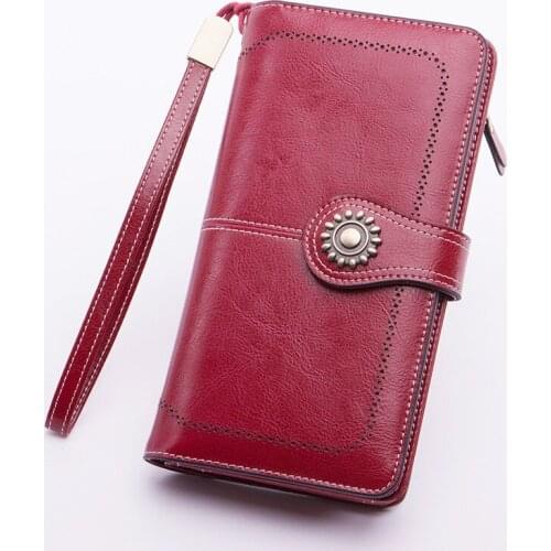 Vintage Oil Wax Leather Women Wallet Female Genuine Leather Purse Clutch Long Wallet Women Wallets Zipper Coin Purse RFID Wallet