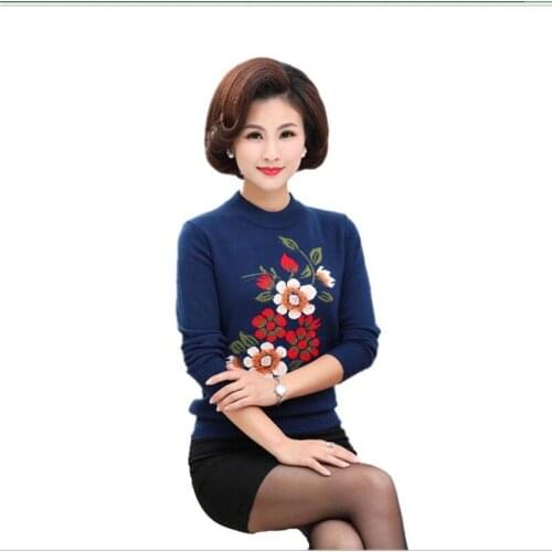 Long Sleeve Mid-Age Women Knitted Pullovers 2018Fashion Beading Print Autumn Winter Women Sweater Half-Collar Plus Size 3XLQ787