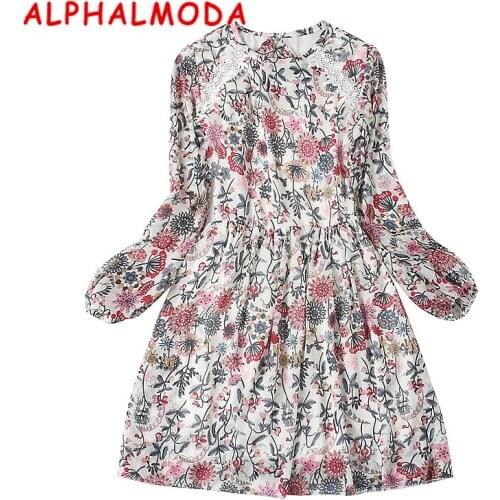 ALPHALMODA 2018 Open Back Long-sleeved Floral Print Dress Lace Trim Ruffled Hollow Back Ladies Sexy Spring Vestidos