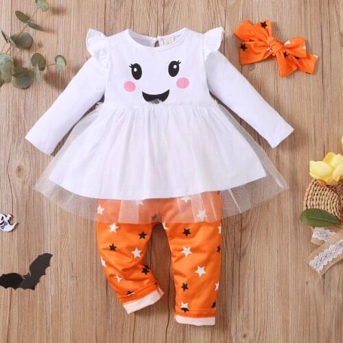 3Pcs Kids Halloween Tracksuit Splicing Frilly Pullover Star Print Pants Headband for Girls Childrens Clothing 1-5 Years