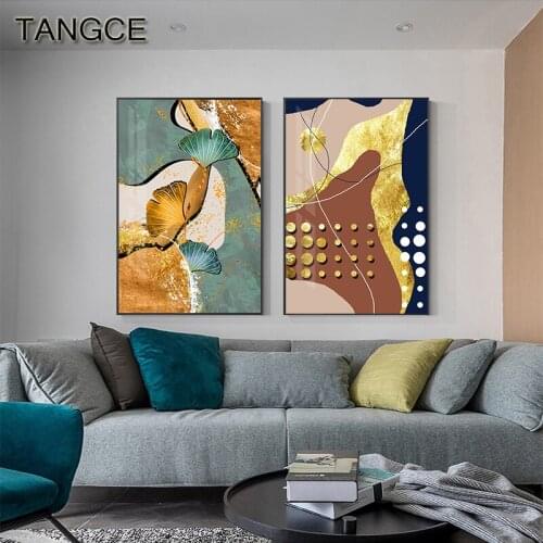 Abstract Golden Green Leaf Modern Blue Canvas Painting HD Poster and Print Nordic Style Creative Picture Living Room Home Decor