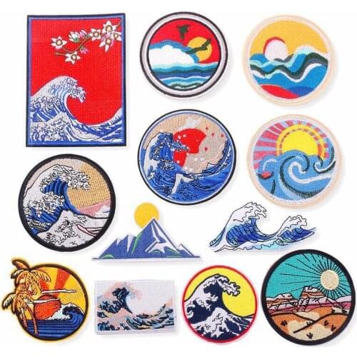 Sewing Accessories DIY Clothes Iron On Embroidered Patches Stripes Applique Label Paste Stickers Badges Sunrise Sea Hill Scene