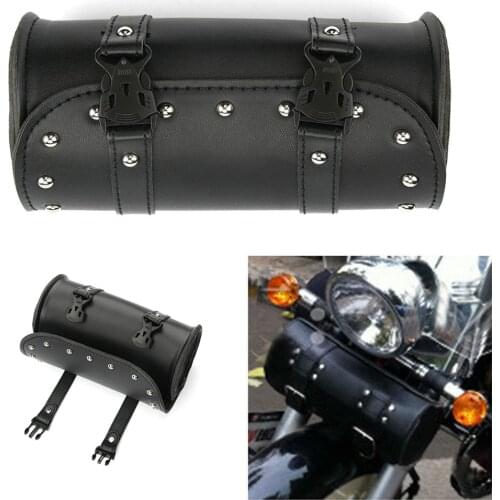 Black Pannier Saddle Bags Tools PU Leather Motorcycle Tool Bag with Snap Buckles for Fork Handlebar Sissy Bar