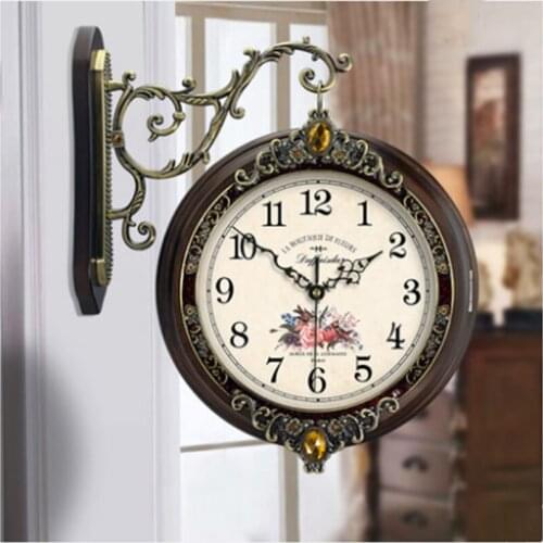 European double-sided wall clock living room American solid wood clock family decorative wall clock idyllic clock