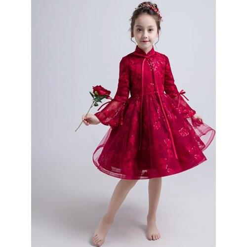 Caustom made lace turtleneck flare sleeve ball gown children girls party dress