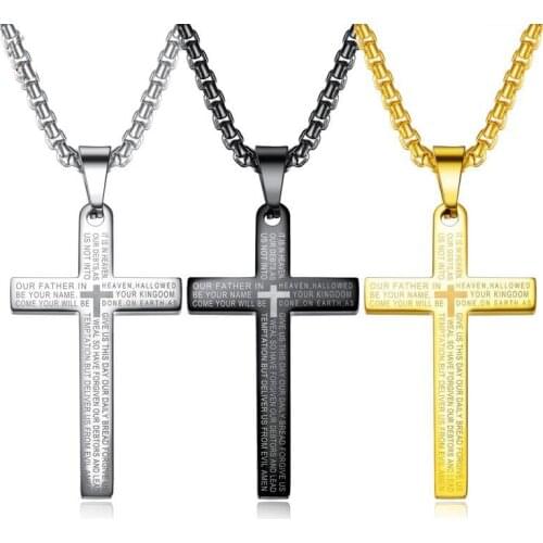 Man Necklace For Women YMS N401 Jewelry 2021 Trend Stainless Steel European American 24K Gold Black Cross Scripture Pendant 55CM