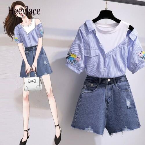 Summer 2 pieces bike shorts sets Sweet off shoulder patchwork embroidery crop top and shorts 2 pieces sets women korean outfits