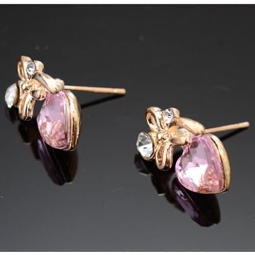 Korean Version Of Vintage Crystal Bow Earrings Heart-Shaped Crystal Pink White Earrings womens Jewelry