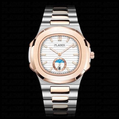Watch Men 2021 PLADEN Brand Fashion White Dial Steel Strap Timepiece Moon Phase Decoration Hight Quality Dive Clock Gift For Guy