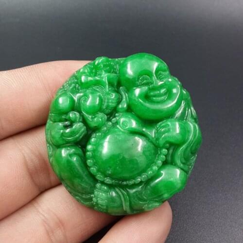 Natural Double sided Hand-Carved Green Emerald jade Pendant happy lucky Buddha jade Pendant necklace for women men