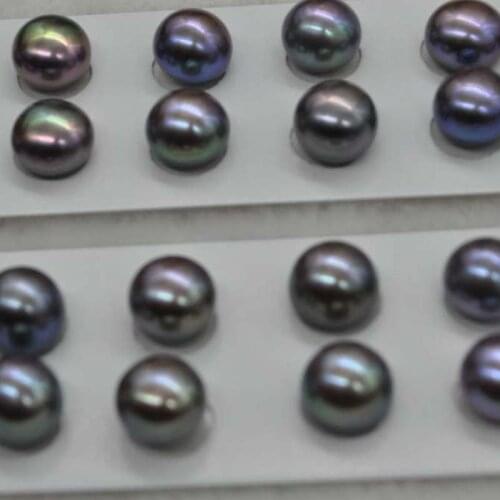 NEW 10-10.5mm Button Half Drilled Black Fresh Water Pearl Loose Semi-Finished Beads For Earring