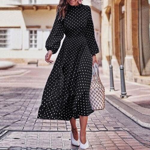 2021 New Women Spring Autumn Polka Dot Round Collar High Long Dress Irregular Hem Girdling Dress Women College Youth Style