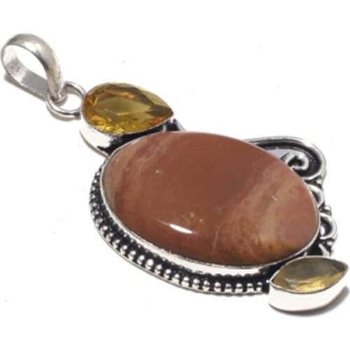 Genuine Jasper + Citrine Pendant Silver Overlay over Copper , Hand made Women Jewelry gift , P8550