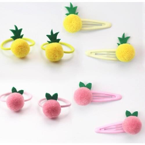 Set of 2pcs Cute Tot Girls' Pineapple Hair Ties Set Pom Pom Ball Hair Band Ropes Peach Snap Hair Clip Hair Accessories HT088