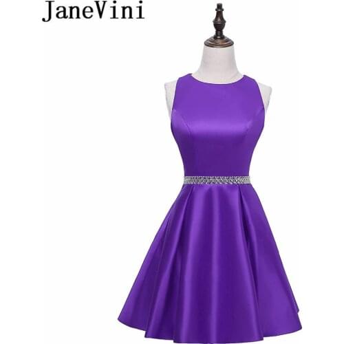 JaneVini Simple Purple Satin Sequined Beaded Short Bridesmaid Dresses for Weddings A Line Sleeveless Plus Size Homecoming Gowns