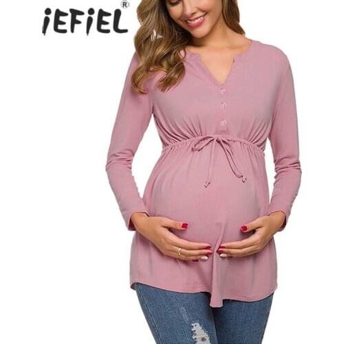 Pregnant Women Shirts Clothing Maternity Solid Color Nursing Tops Breastfeeding T-Shirt Pregnancy Long Sleeve V Neck Blouses