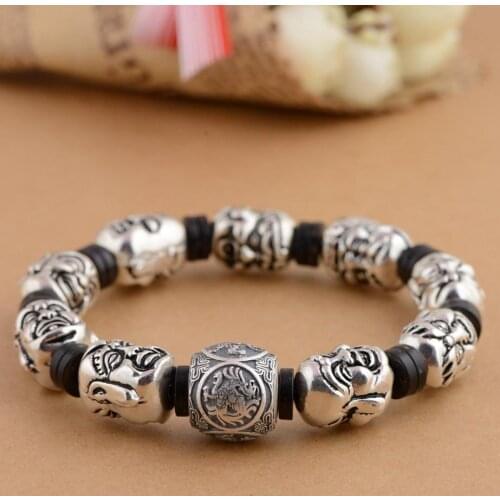 S925 Sterling Silver color antique craft four great god beast Bead bracelet Thai silver color personality tide Men Bracelet