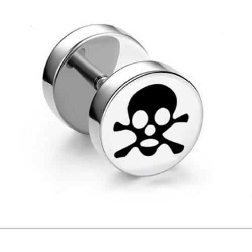 1 Skull Pattern Earrings Round Barbell Shaped Stainless Steel stud Hip Hop Style
