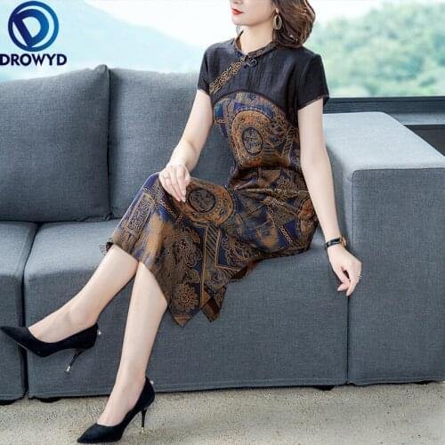 Chinese Style Print Mulberry Silk Vintage Midi Dress 2021 Summer New Casual Bodycon 4XL Plus Size Sundress Women Party Vestidos