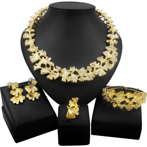Yulaili Dubai Gold Jewelry Sets Flowers Necklace Drop Earrings Charm Bracelet Ring Women Trendy New Arrivals Party Jewelery Set