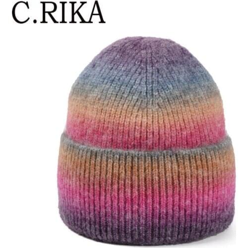 2021 Tie Dye Beanies hat Women Autumn Winter Thick Warm Gradient Rainbow Knitted Hat Girl Skullies Beanies Bonnets Wholesale