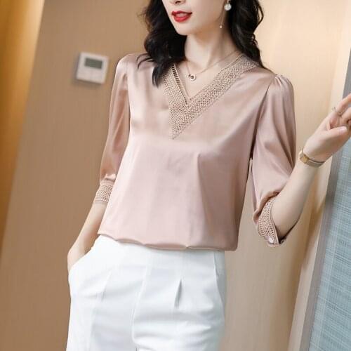 Women Silk Tops Shirt Loose Plus Size Elegant Hollow Out Blouses Solid Color Embroidered V Neck Female Blouses Tops for Women