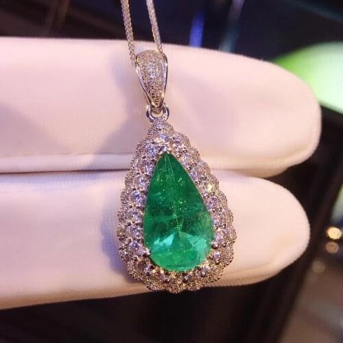 AEAW Jewelry 2.15ct Natural Emerald Pendant Pear Shape Green Gemstone Pendant Necklace For Women Fine Jewelry 14jk White Gold