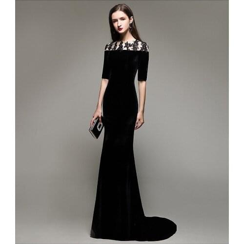 New Winter Black Velvet Prom Dress Mermaid Floor-length O-Neck Half Sleeve Lace Train Wedding Guest Formal Banquet Evening Gowns