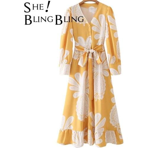 SheBlingBling 2021 Za Print Long Sleeve Button Front Deep V High Waist Women Casual Ankle Length Ruffles Dress Belted Maxi Dress