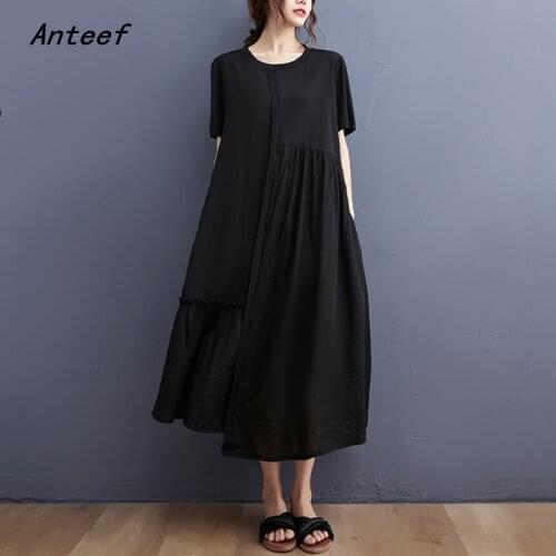 Anteef short sleeve black cotton vintage dresses for women casual loose long woman summer dress elegant clothes 2021