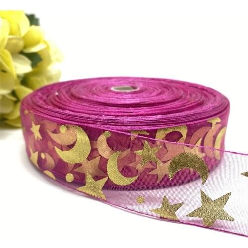 5Yardsl 25mm Transparent Gauze Ribbon Star Moon Printing Pattern Gift Packaging Christmas Ribbon DIY Handmade Accessories #05