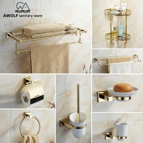 Bathroom Accessories Solid Brass Shiny Light Gold Towel Rack Bar Paper Holder Toilet Brush Coat Hooks Soap Dish Golden AZ5152