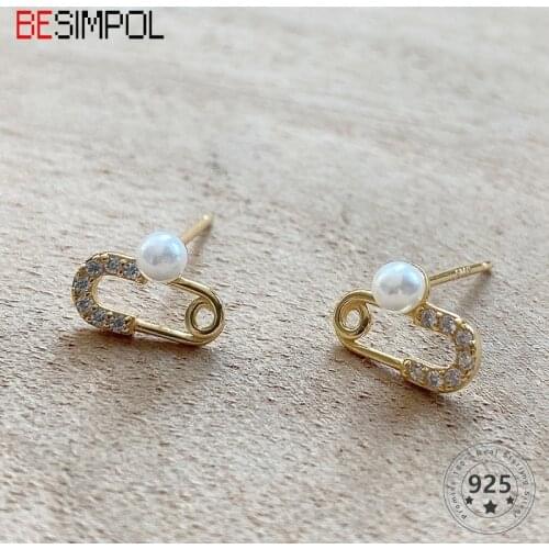 Besimpol 100% Real 925 Sterling Silver Earrings Korean Style Simple Brooch Pearls Earrings For Women Fashion Fine Jewelry Gifts