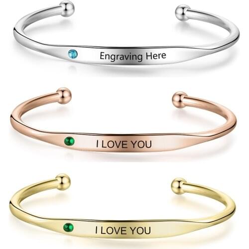 Personalized Stainless Steel Cuff Bangle Bracelet With Birthstone for Women Girl Custom Engraved Bracelets Gift for Her Mom