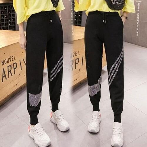 Knitted Pants Women Diamond Casual Pants Autumn Wide Leg Pants Loose Ladies Trousers Sports Harlem Haren Pants Streetwear