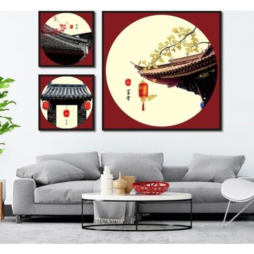Chinese Style Canvas Paintings Traditional Building Roof Plum Blossom Red Lantern Red Background Hanging Wall Art For Decoration