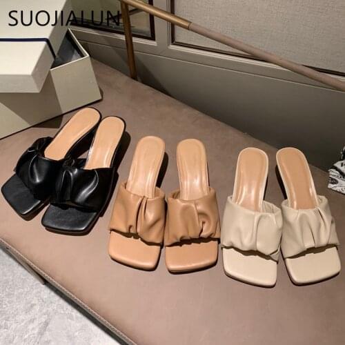 SUOJIALUN 2020 Summer Fashion Women Pleated Slipper Square Toe Thin Low Heel Sandal Outdoor Casual Slides Party Dress Shoes
